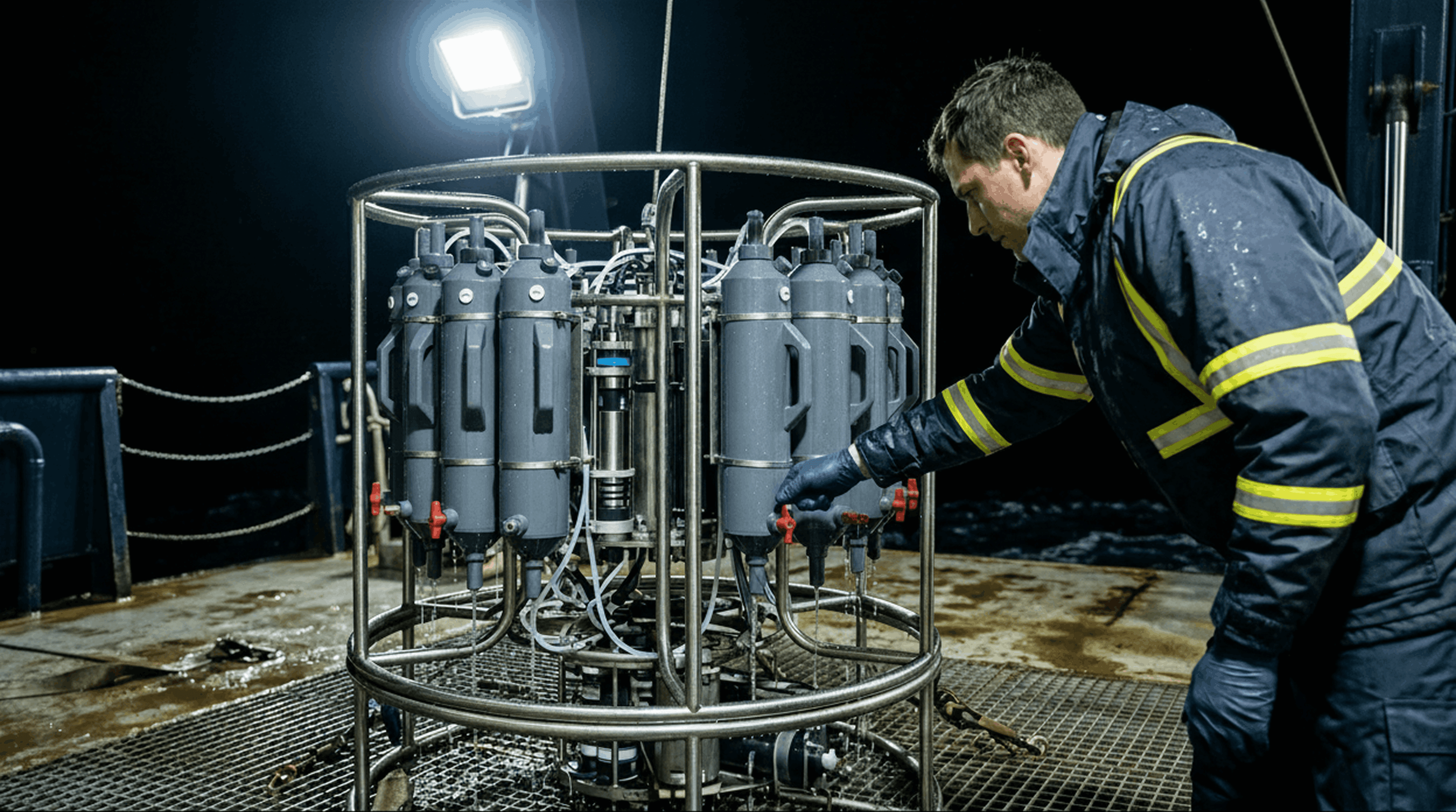 CTD rosette oceanographic sampling instrument on a research vessel deck at night