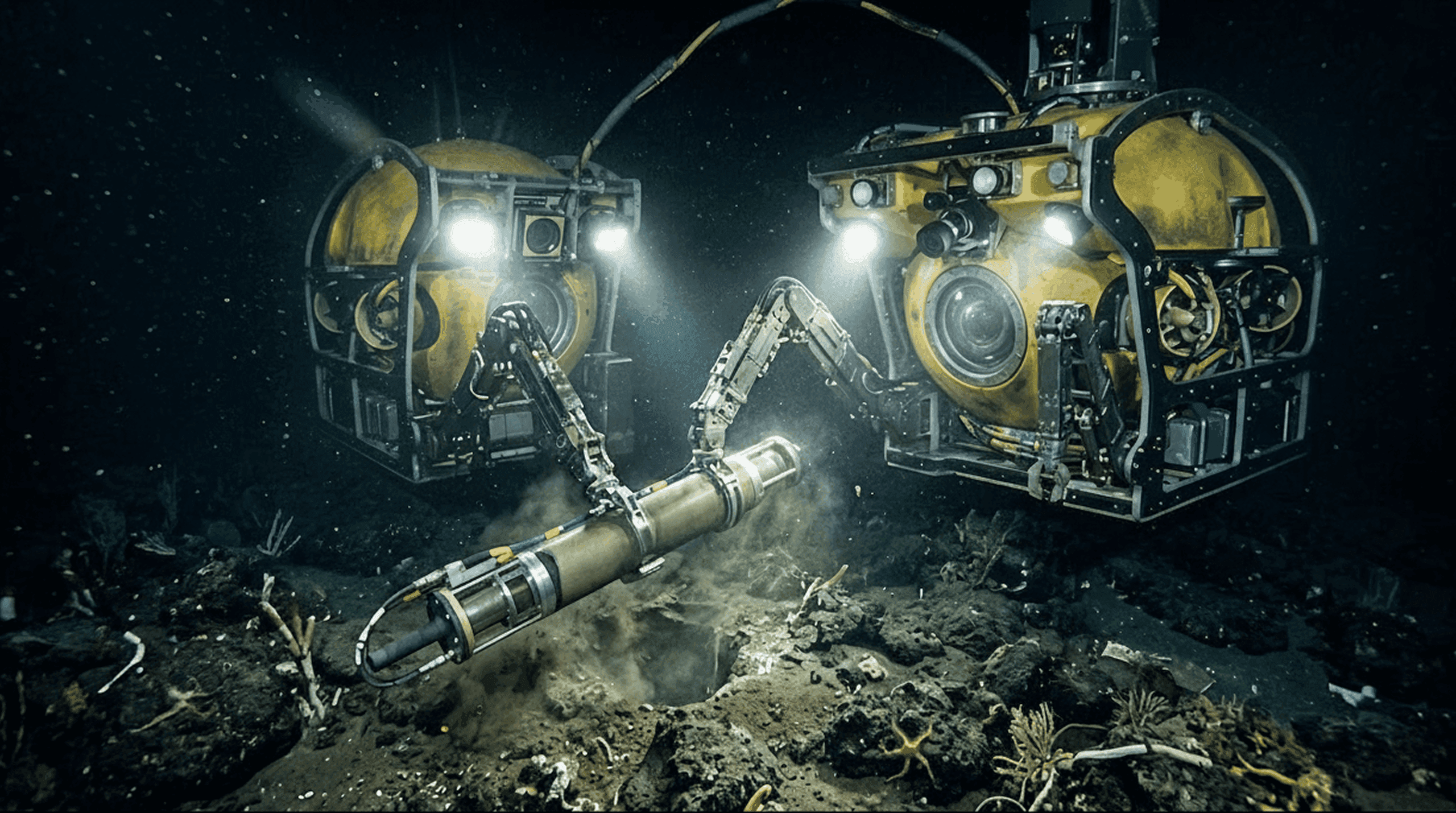 Two deep-sea rovers with hydraulic arms working on the ocean floor, illuminated by spotlights in dark abyssal waters