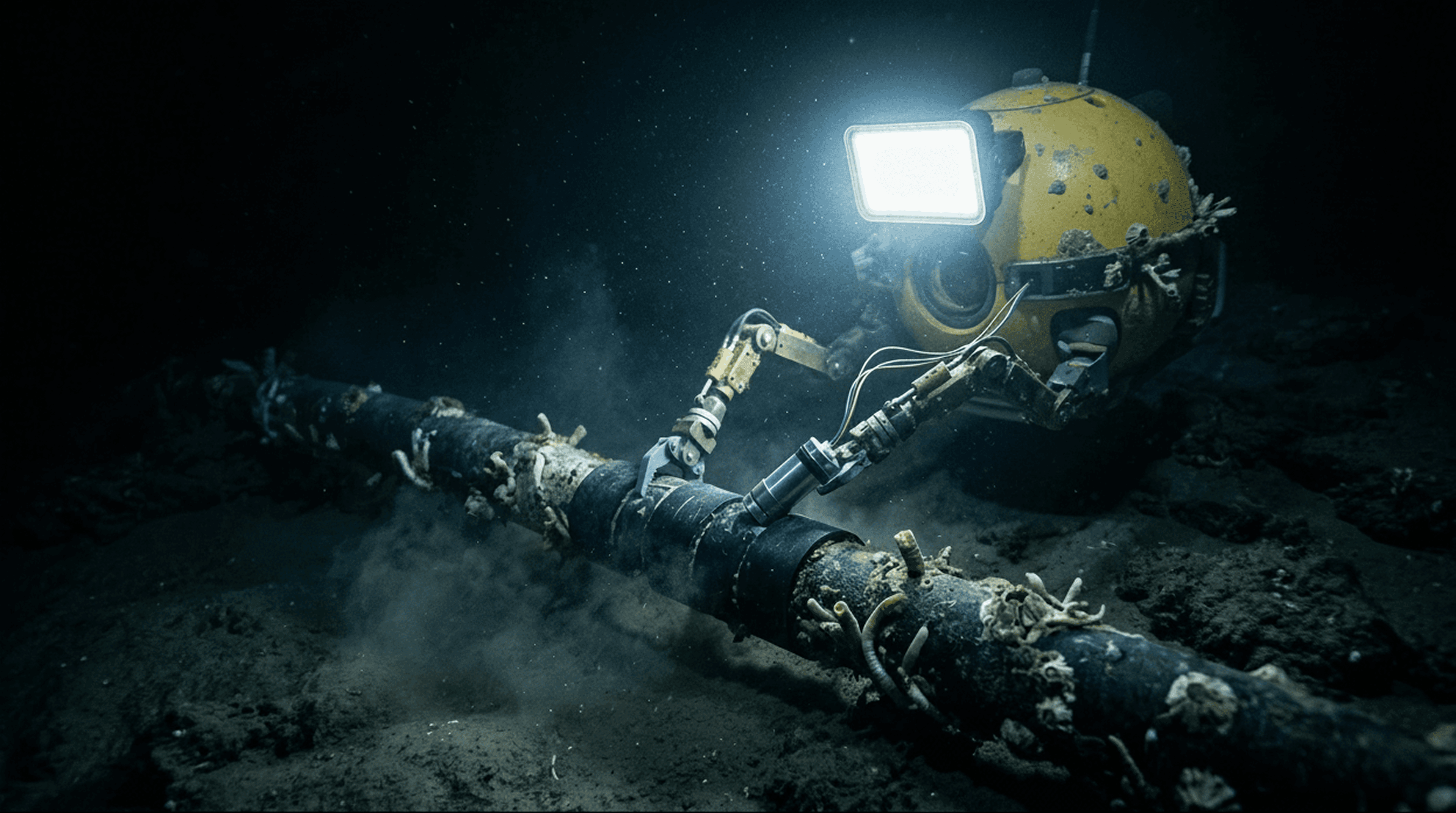 Yellow spherical autonomous rover servicing a subsea fiber optic cable on the ocean floor