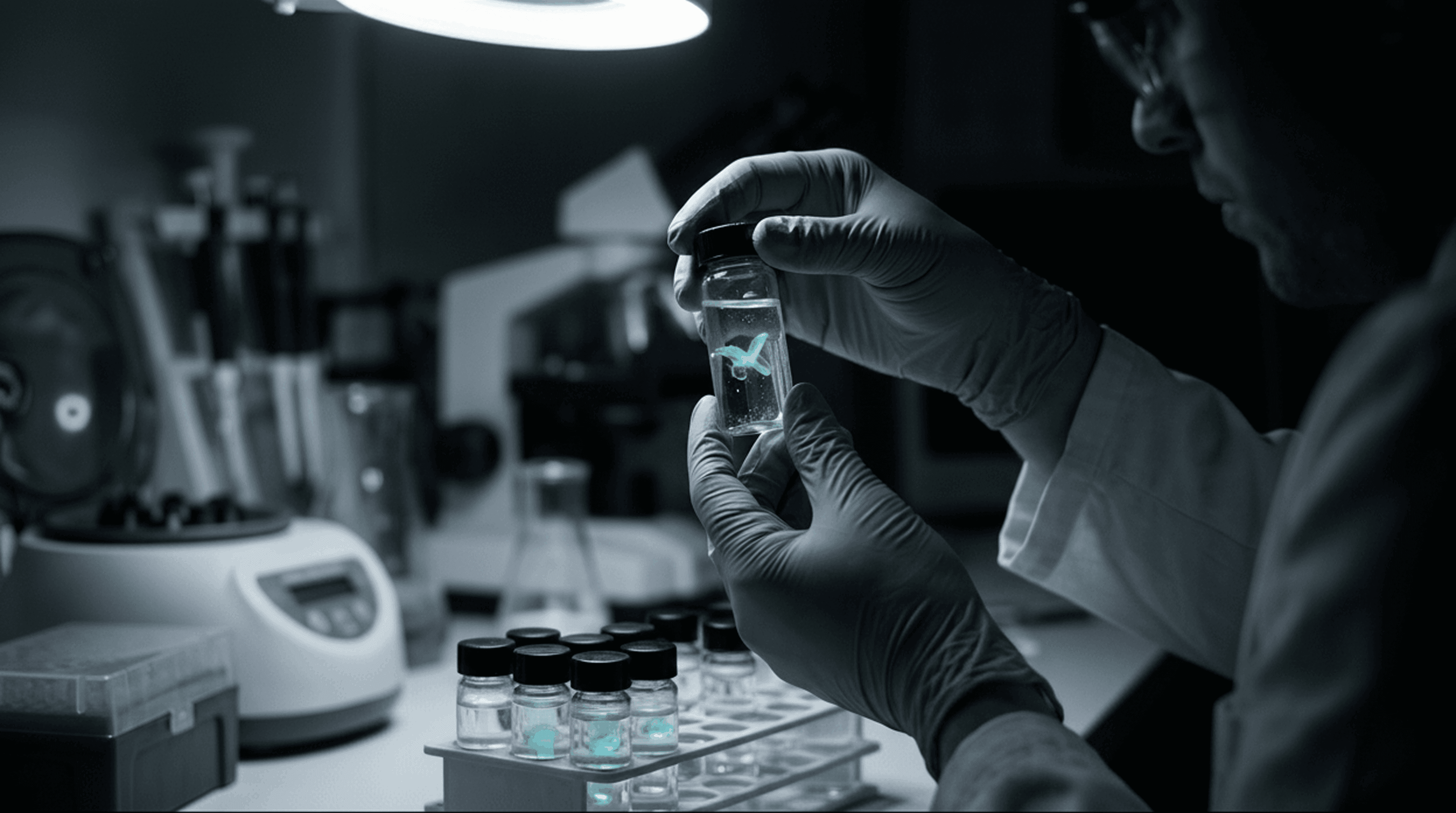 Scientist in dark laboratory examining a glowing bioluminescent vial collected from deep-sea organisms