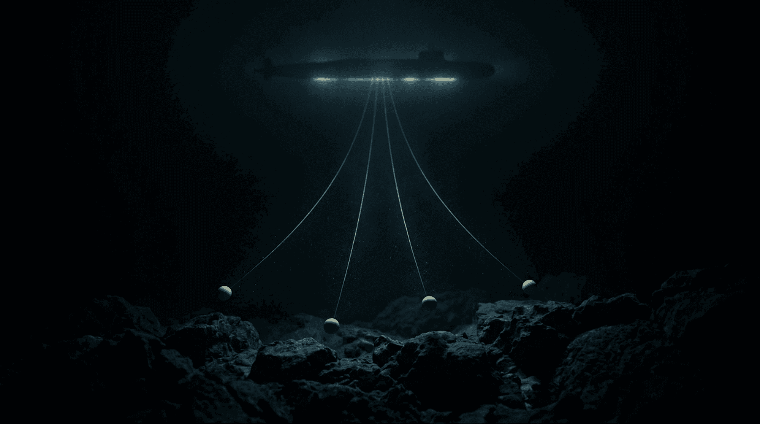 Submarine mothership silhouette deploying tethered spherical rovers into the deep ocean, lights piercing the darkness below
